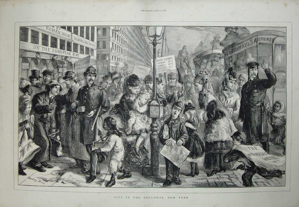 Old Antique Print 1872 Street Life Broadway New York America Tram Shops 19th