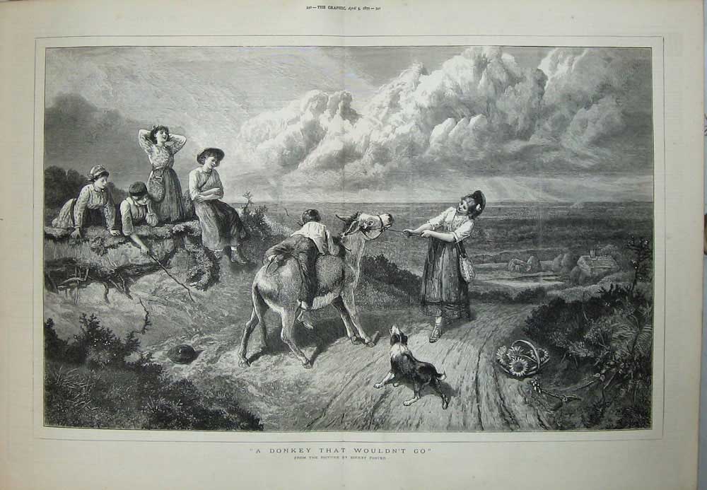 Original Old Antique Print 1879 Birket Foster Donkey Children Dog Lady Country