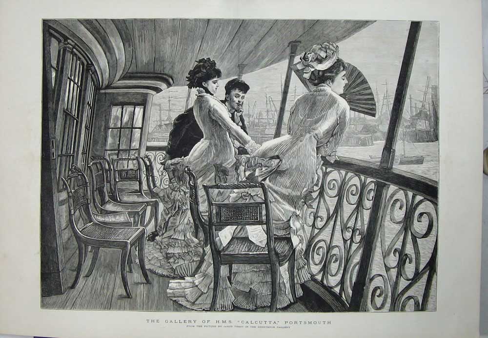 Old Antique Print Gallery H.M.S Calcutta Ship Portrsmouth Ladies Chairs