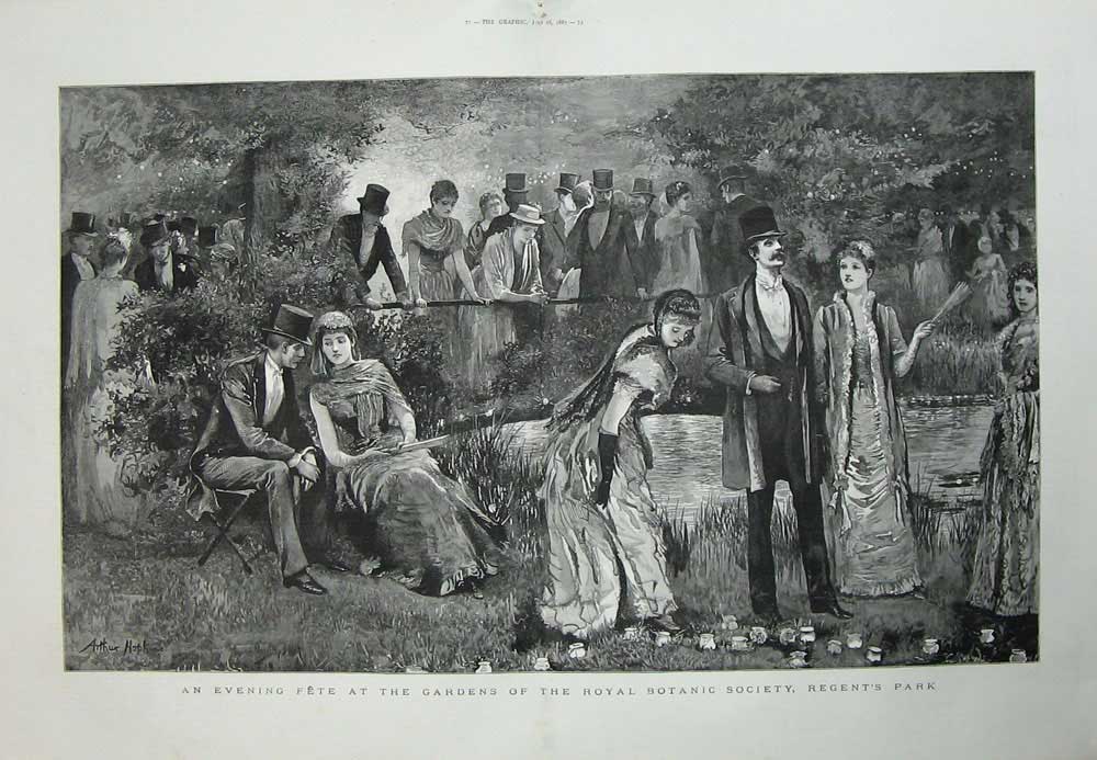 Old Antique Print 1887 Fete Gardens Royal Botanic Society Regents Park 19th
