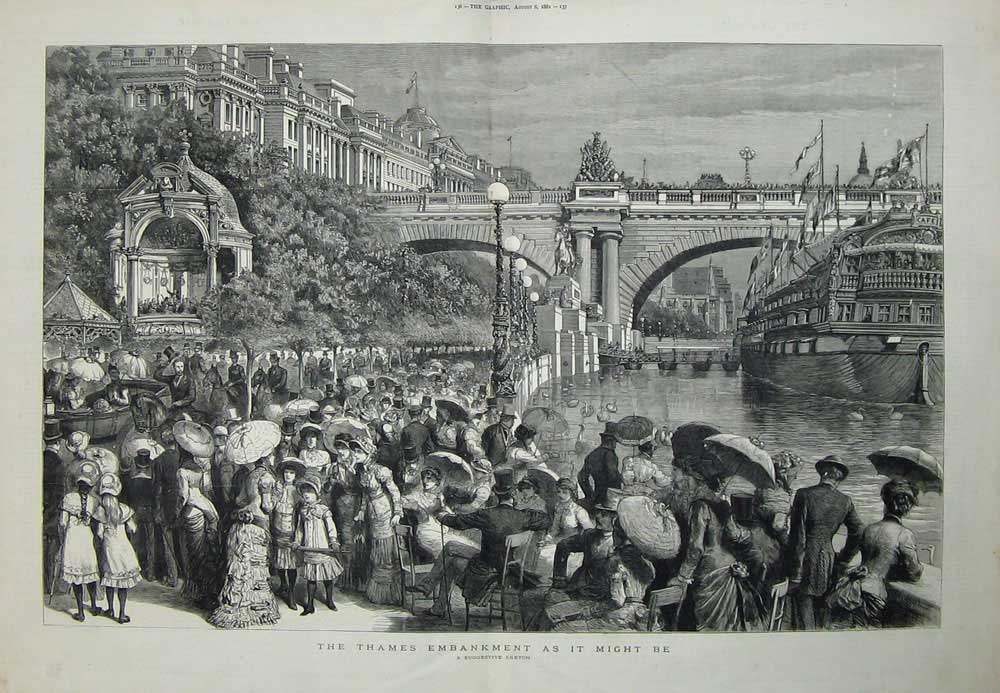 Old Antique Print Thames Embankment 1881 London Bridge River Boat Ship 19th