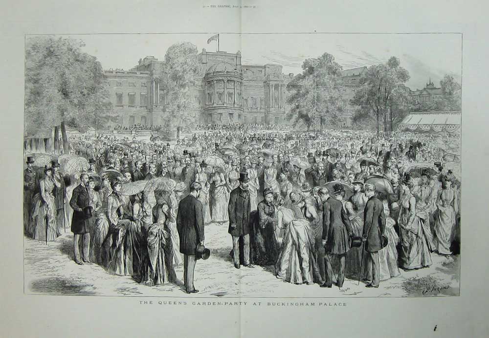 Original Old Antique Print Queen'S Garden Party Buckingham Palace London 1887