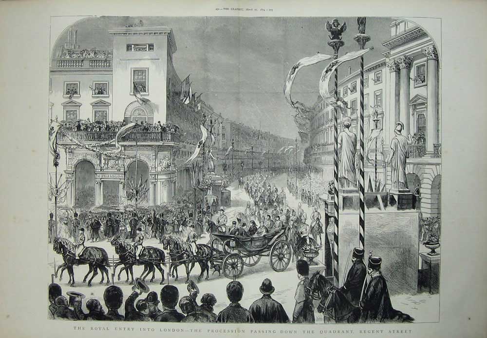 Antique Old Print 1874 Royal Party London Quadrant Regent Street Carriage 19th
