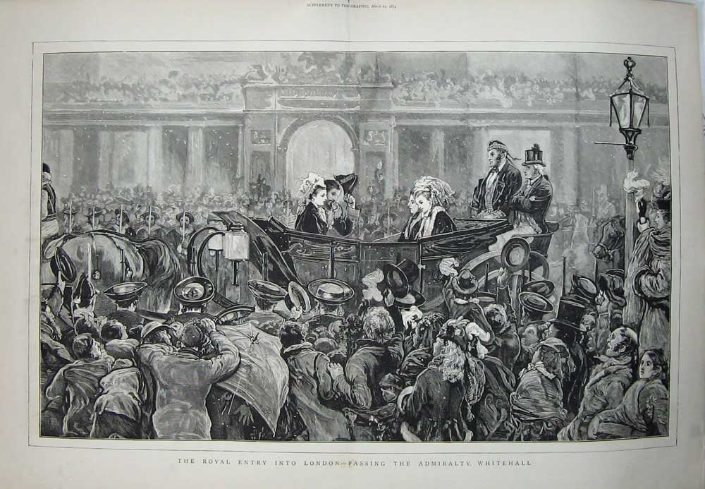 Old Antique Print 1874 Royal Party London Admiralty Whitehall Carriage 19th
