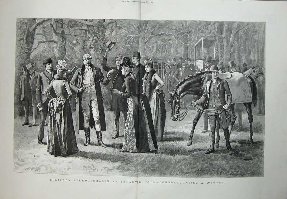 Old Antique Print 1889 Military Steeplechases Sandown Park Horses Sport 19th