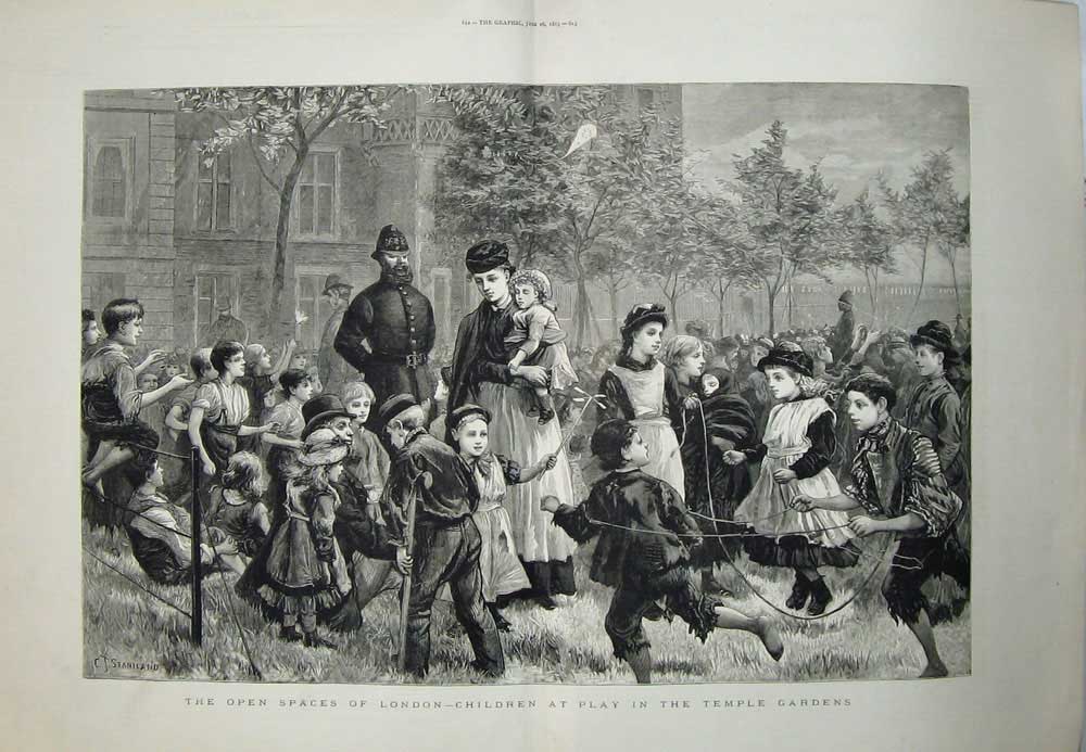 Old Antique Print 1883 Children Playing Temple Gardens London Policeman 19th
