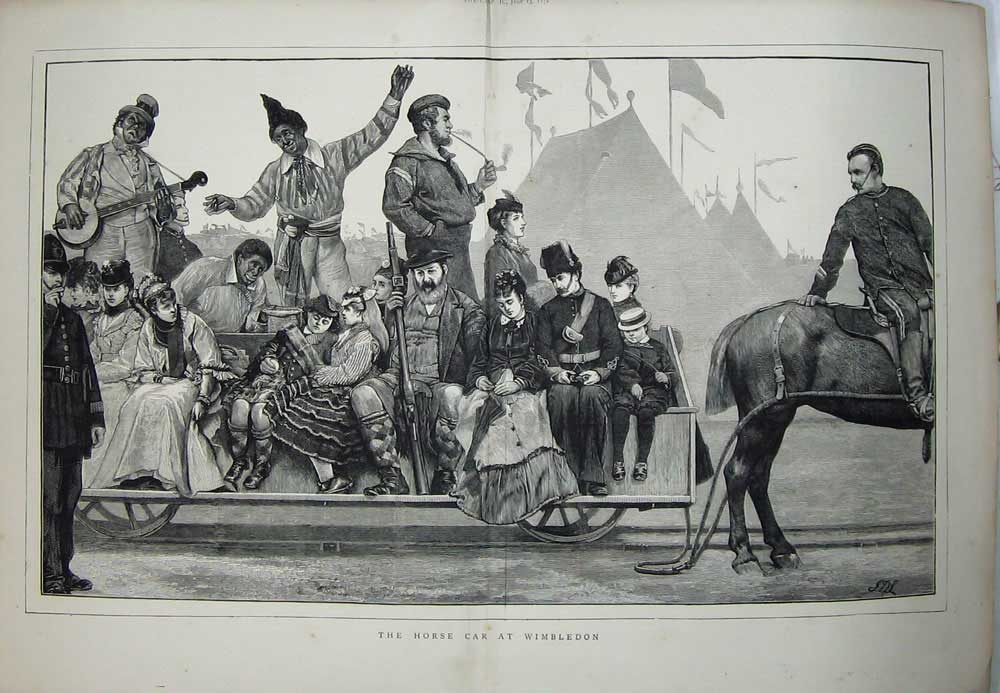 Old Antique Print 1872 Horse Car Wimbledon London Entertainers Children 19th