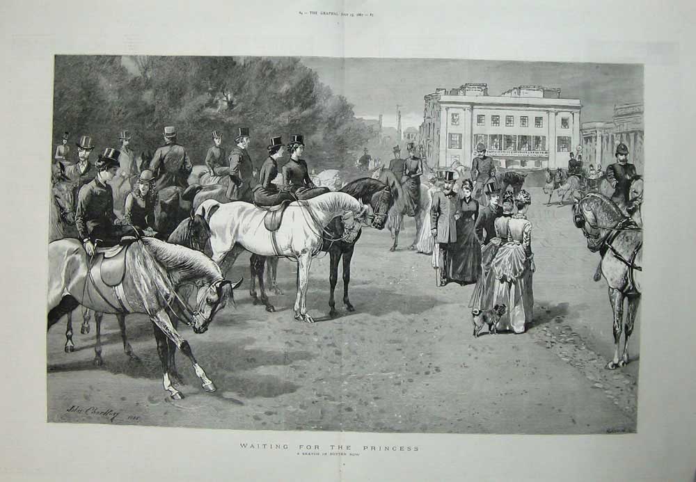Original Old Antique Print 1887 Rotten Row Horses People Waiting Princess Art