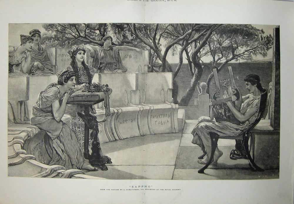 Old Antique Print 1885 Sappho Music Man Women Alma-Tadema Trees Fine Art 19th