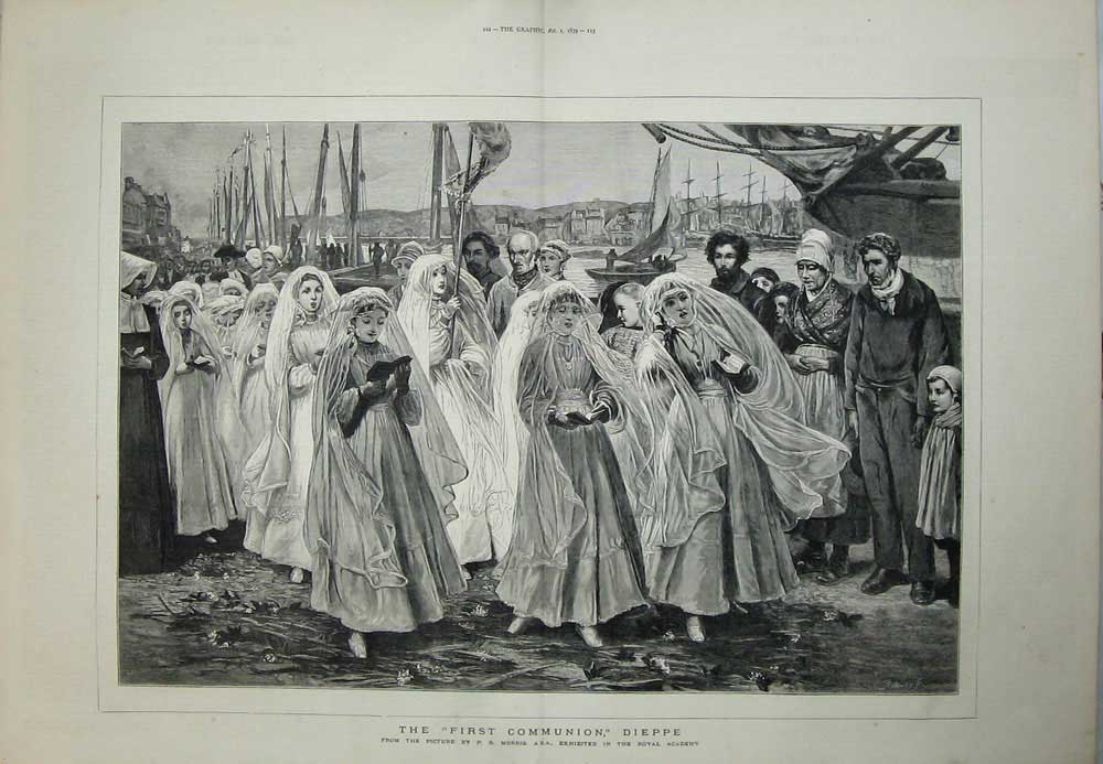 Old Antique Print 1879 Children Communion Dieppe France Ships Morris Art 19th