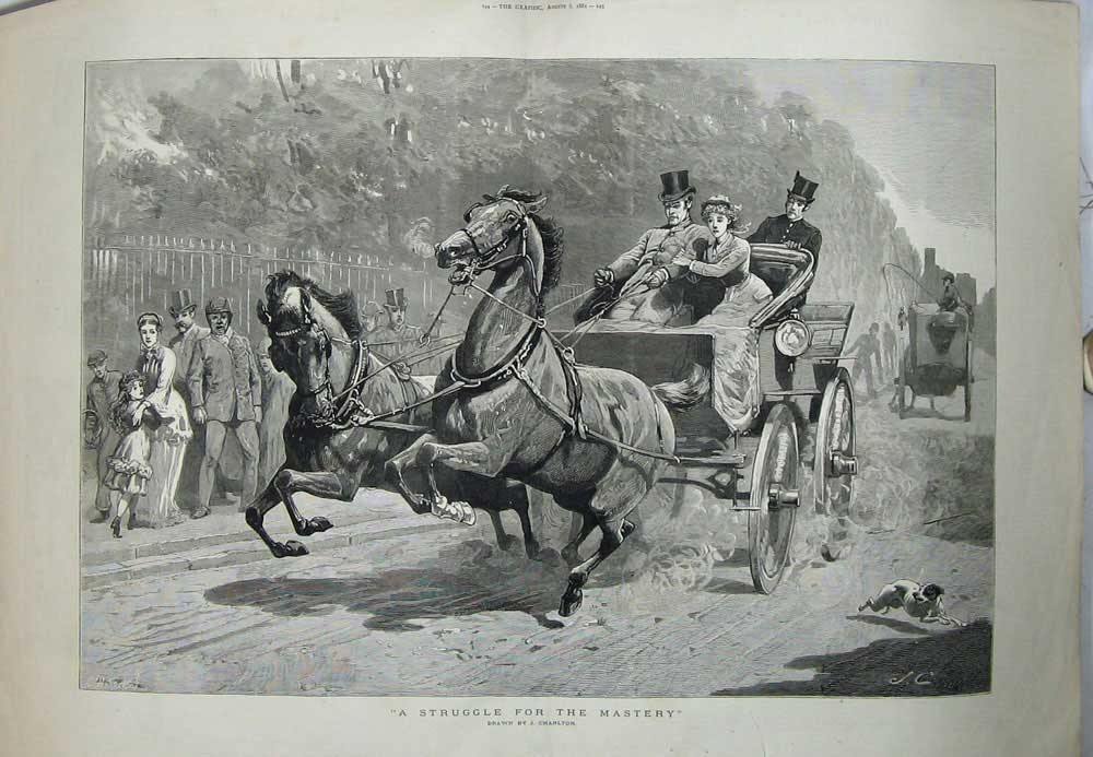 Original Old Antique Print 1881 Country Lane Horses Carriage Dog Street People