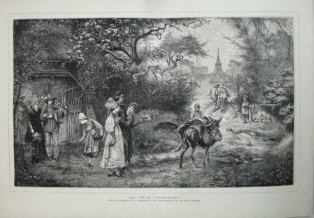 Old Antique Print 1876 Normandy France Country Donkeys Church Trees Art 19th