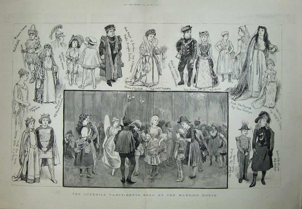 Old Antique Print Childrens Fancy Dress Ball Mansion House 1887 Costumes 19th