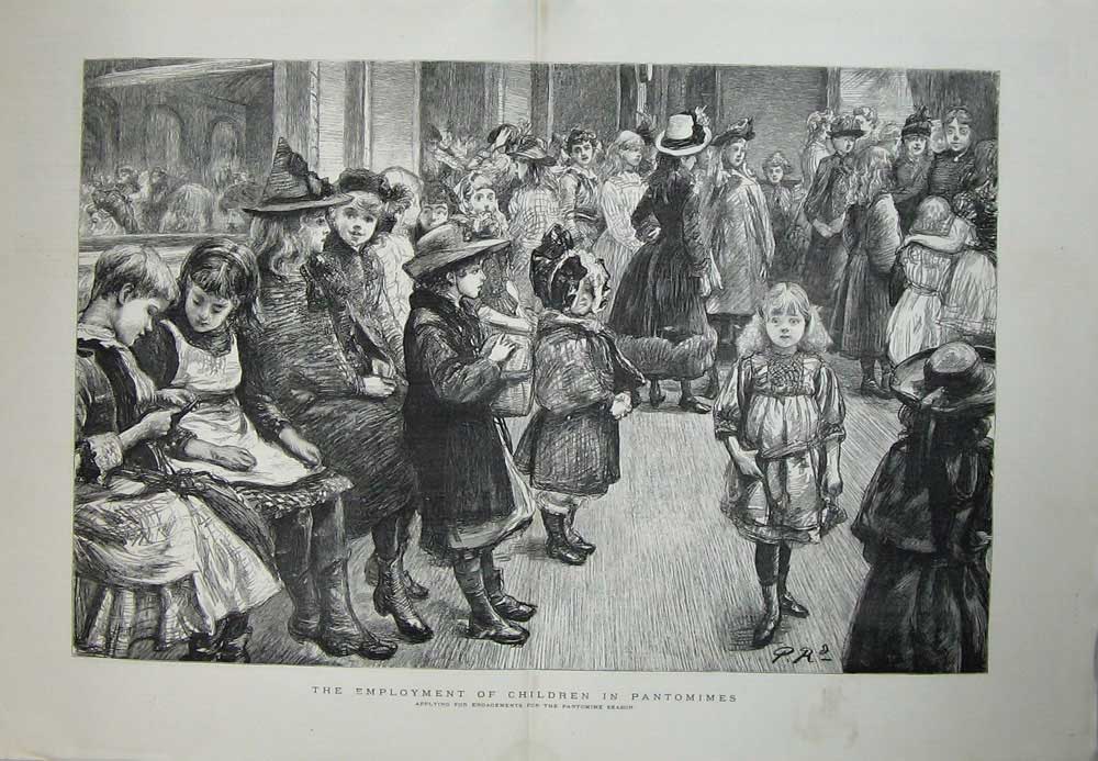 Old Antique Print Children Christmas Pantomimes 1889 Empolyment Fine Art 19th