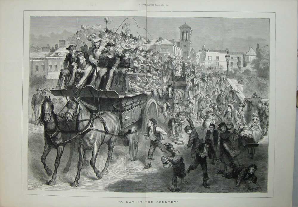 Old Antique Print 1877 Day Country Horses Carriage Children Church River 19th