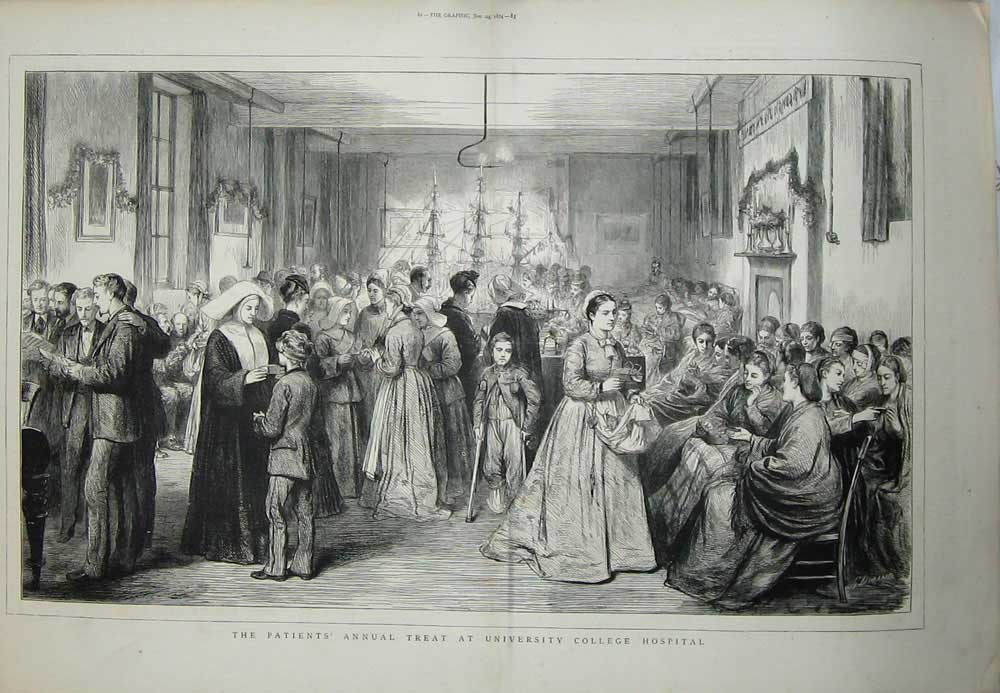 Old Antique Print 1874 Patients Treat University College Hospital Nurses 19th