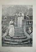 Original Old Antique Print Women Rose Queen Flowers Garden Steps Leslie Art