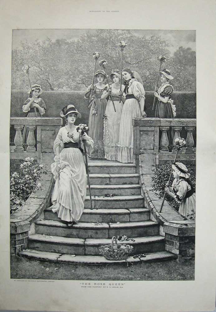 Original Old Antique Print Women Rose Queen Flowers Garden Steps Leslie Art