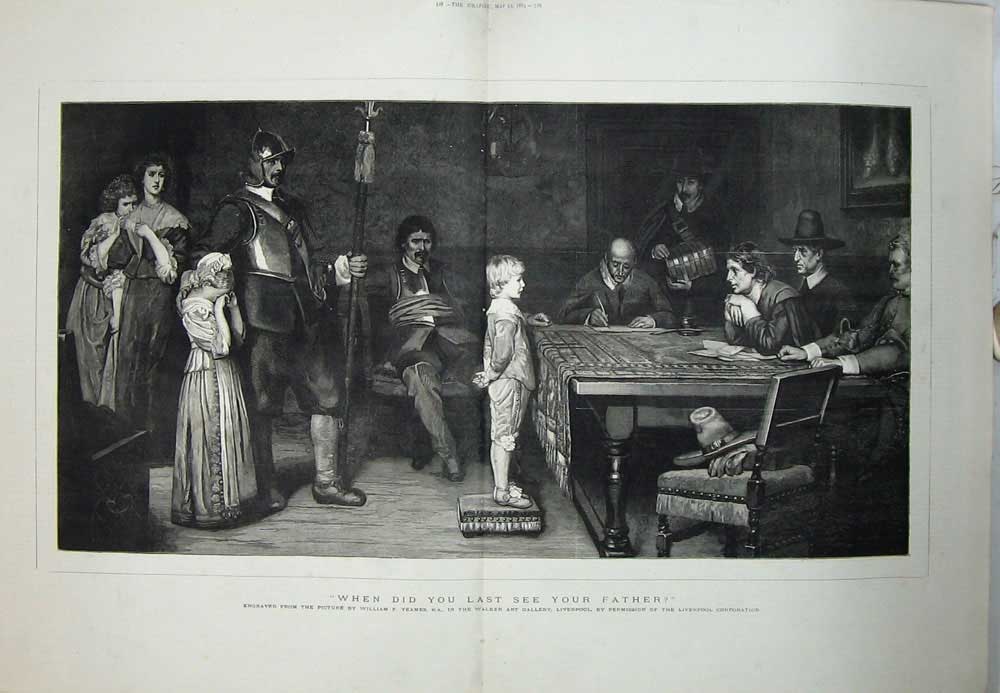 Old Antique Print 1885 Walker Art Gallery Liverpool Little Boy Men Table 19th