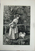 Original Old Antique Print 1877 Woods Fine Art Women Dog Bridge Country Trees