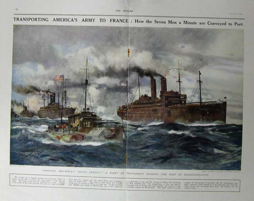 Old Vintage Print 1918 Seaplane Ship America Army Transport France Port 20th