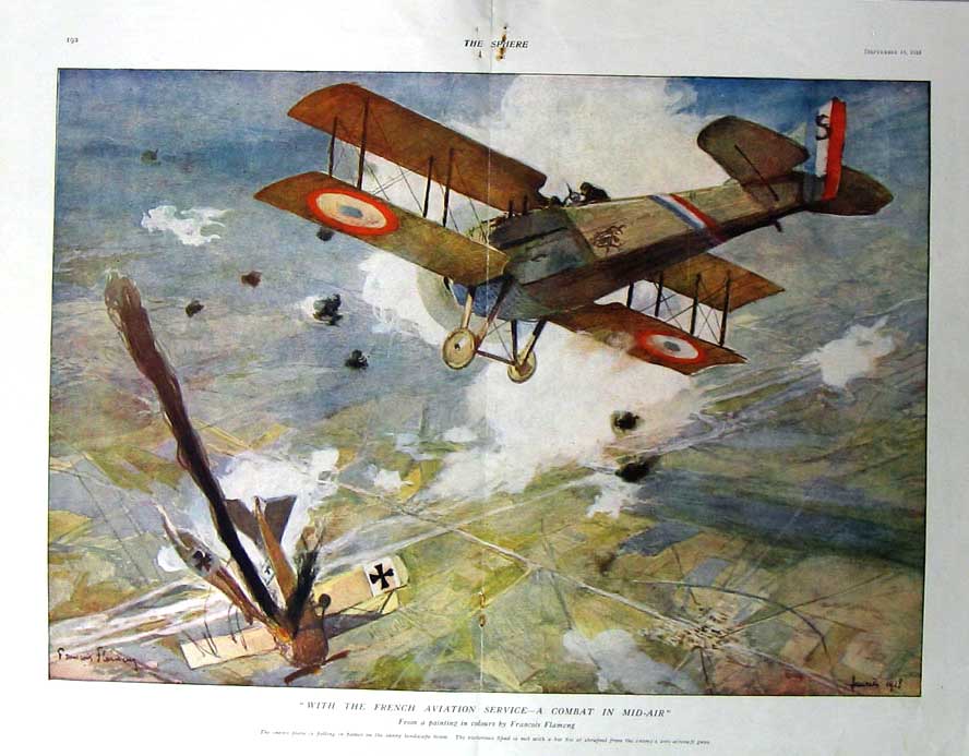 Old Vintage Print 1918 French Air Squadron Aviation Aeroplane Combat War 20th