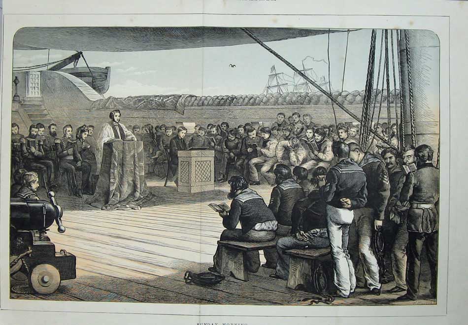 Original Old Antique Print 1872 Sunday Morning Service War Ship Navy Sailors