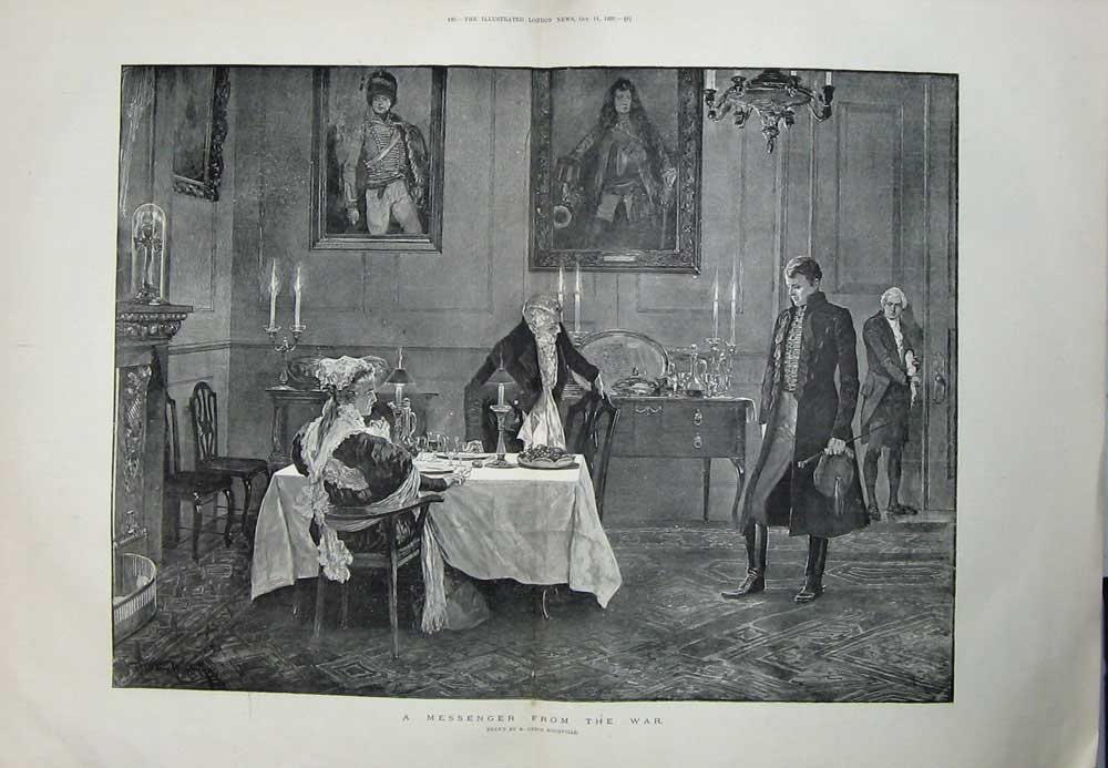 Original Old Antique Print 1893 Messenger War Man Woman Table Dinner Paintings