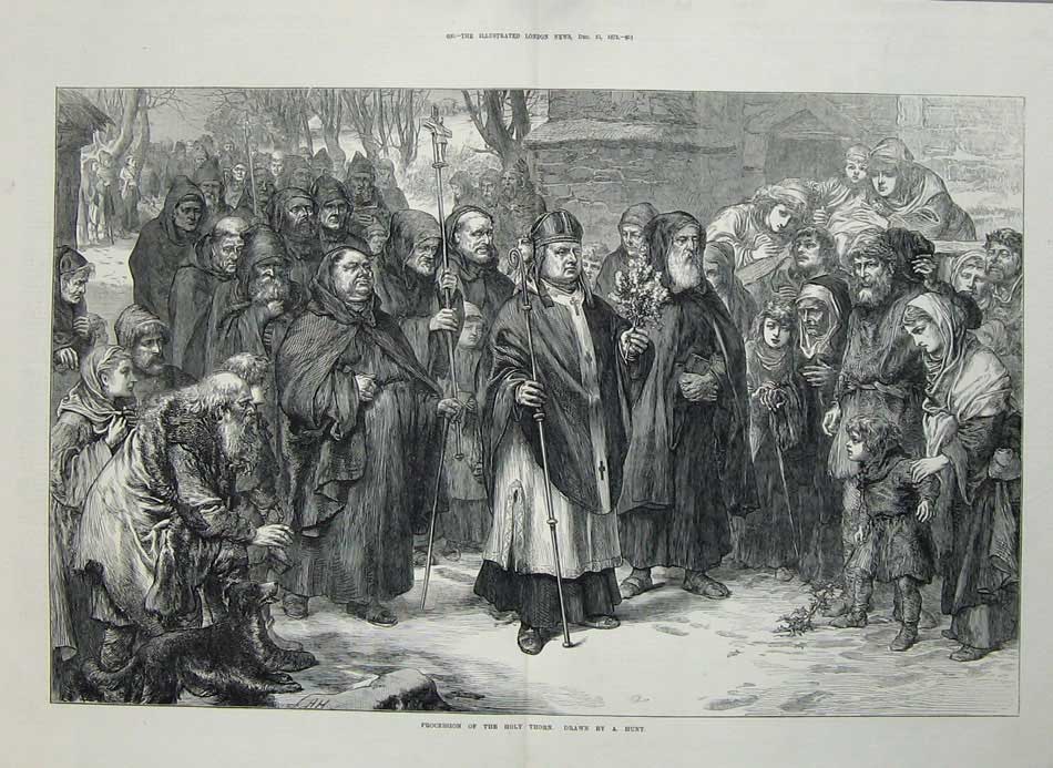 Original Old Antique Print 1872 Procession Holy Thorn Church People Priest Man