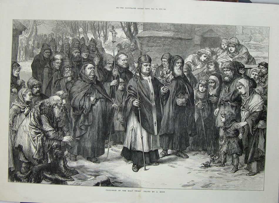 Antique Print Ref.962 1872 Procession Holy Thorn Church People Priest Man