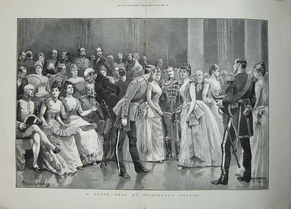 Original Old Antique Print State Ball Buckingham Palace 1889 Dancing Man Women