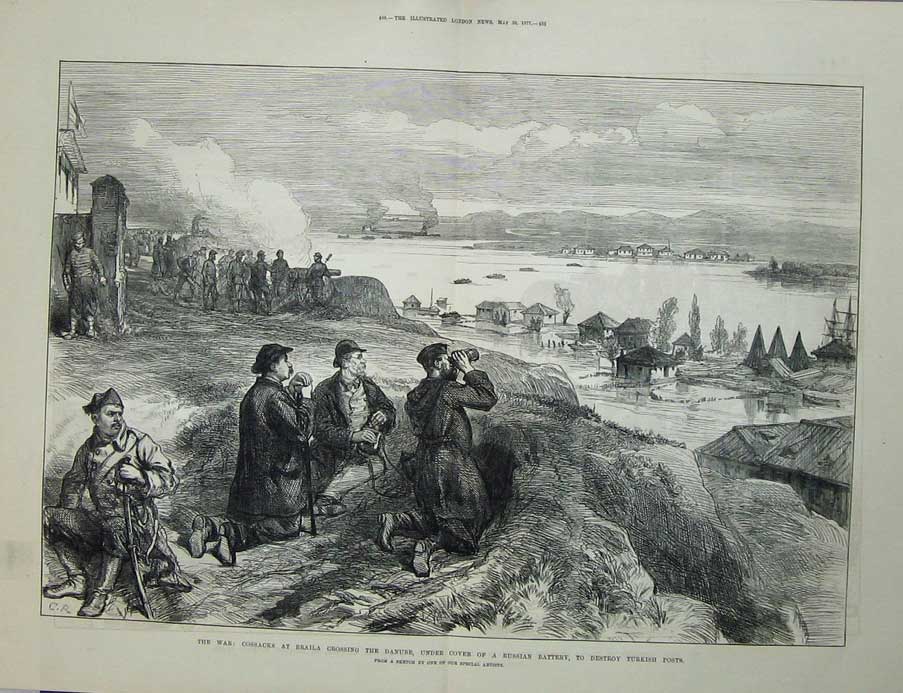 Old Antique Print 1877 War Cossacks Braila Danube Russian Battery Sier 19th