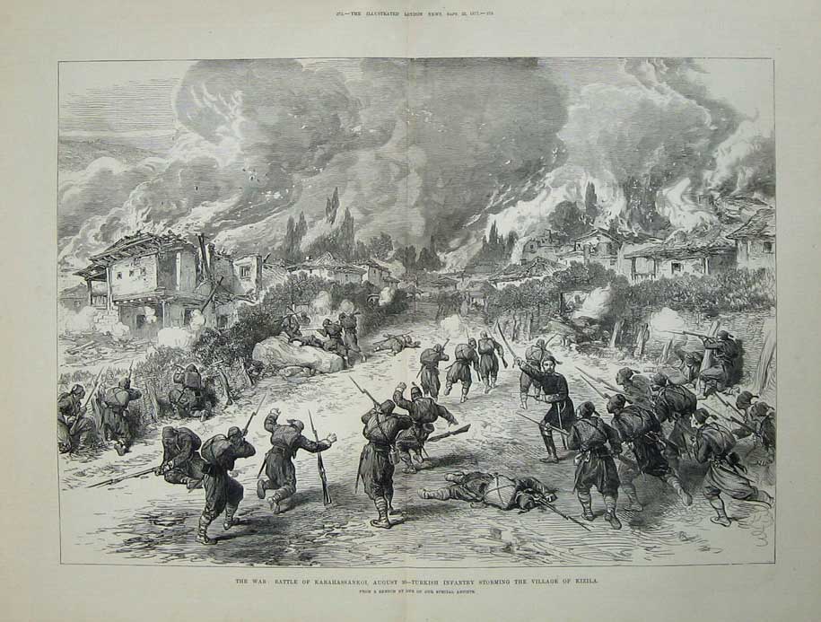 Original Old Antique Print 1877 War Battle Karahassankoi Turkish Siers Kizila