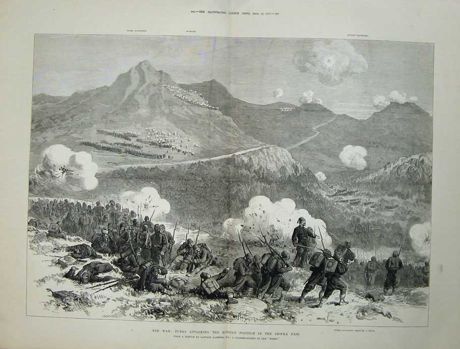 Original Old Antique Print War 1877 Turks Attacking Russian Siers Shipka Pass