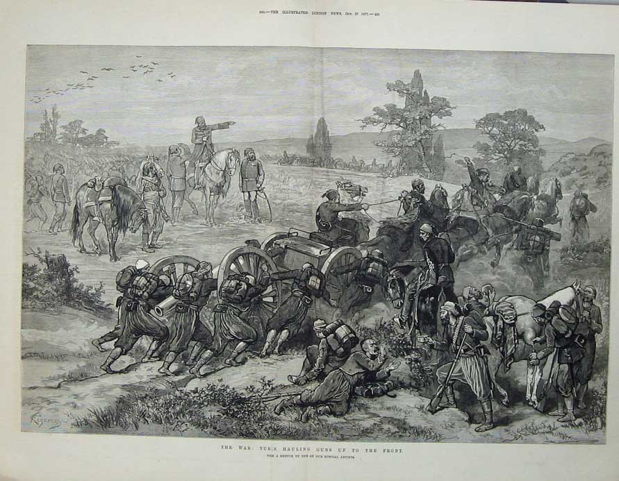 Original Old Antique Print 1877 War Turkish Siers Guns Weapons Horses 19th