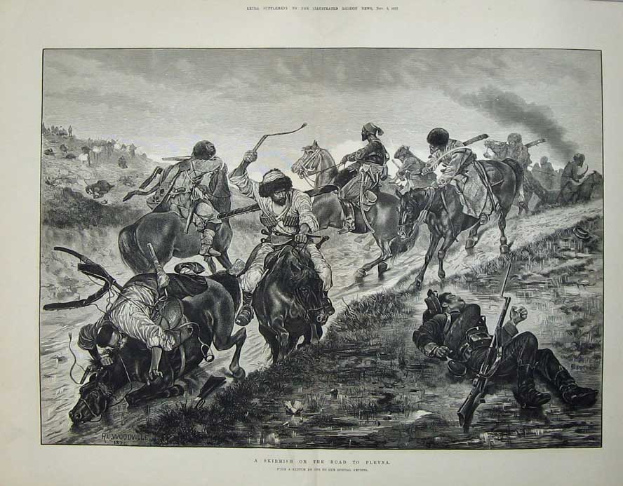 Old Antique Print 1877 Skirmishing Road Plevna Siers War Horses Rifles 19th