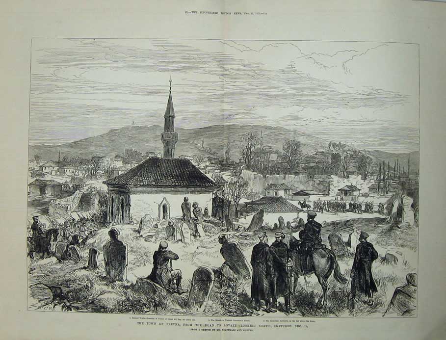 Old Antique Print 1878 Town Plevna Lovatz Palace Ghazi Konak Redoubt War 19th