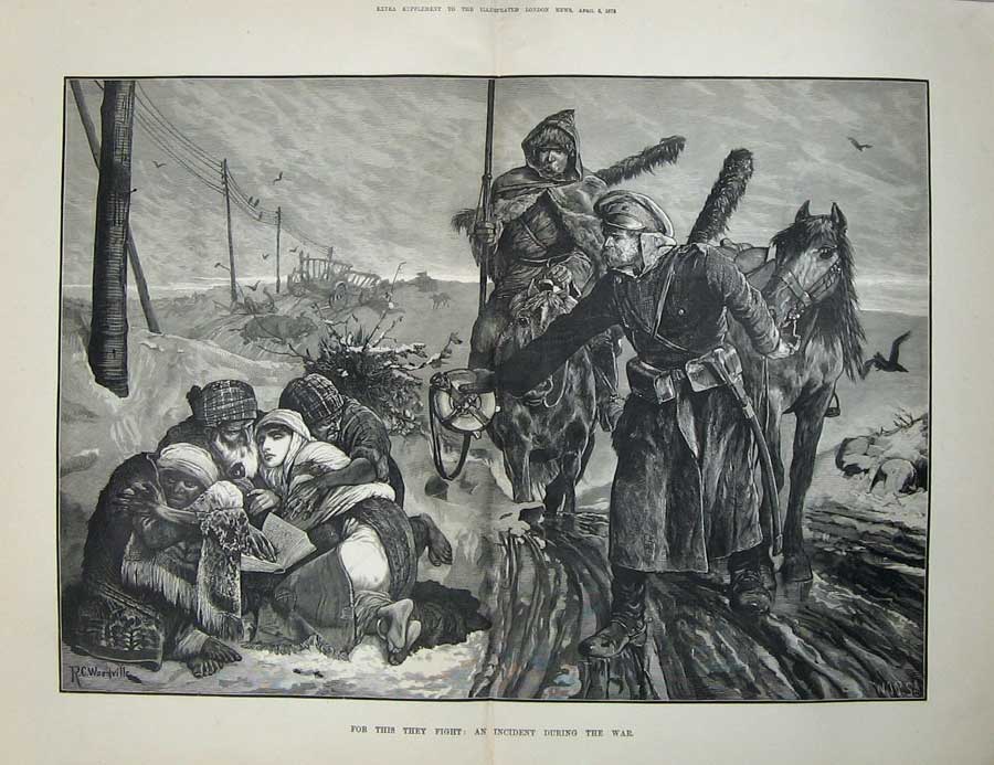 Original Old Antique Print 1878 War Injured People Siers Uniform Country Lane
