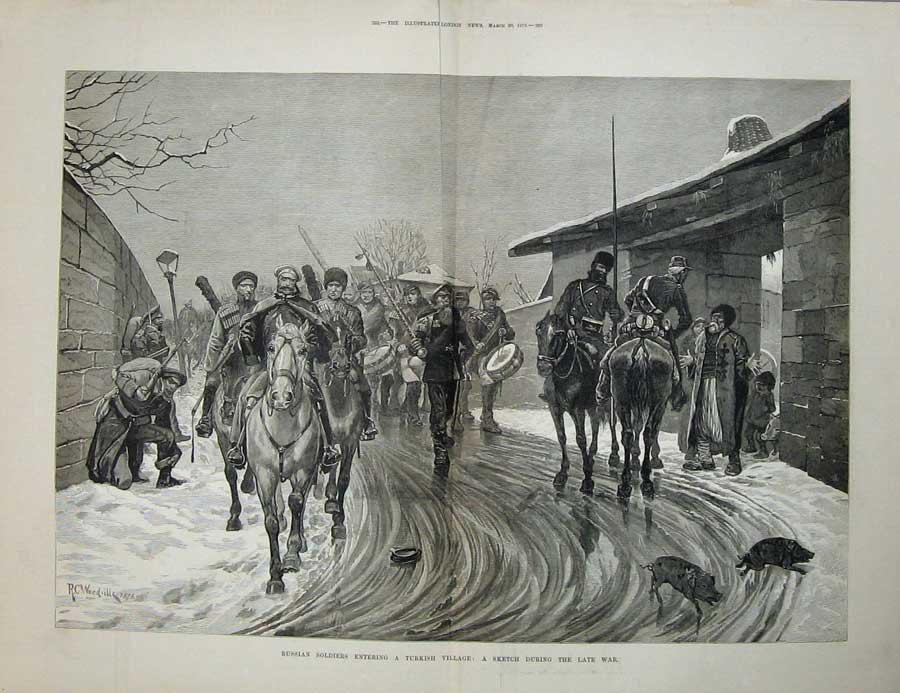 Original Old Antique Print Russian Siers Turkish Village War 1878 Horses Art