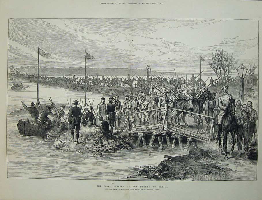 Original Old Antique Print 1877 War Passage Danube River Braila Siers Bridge