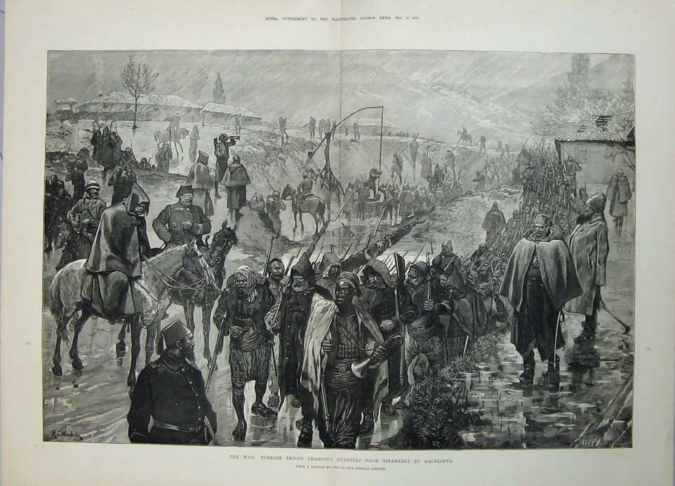 Original Old Antique Print War 1877 Turkish Troops Sinankeui Kaceljevo Siers