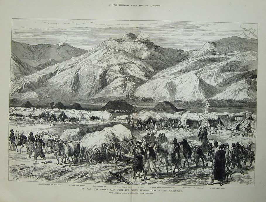 Original Old Antique Print War 1877 Shipka Pass Turkish Siers Mount Nicholas