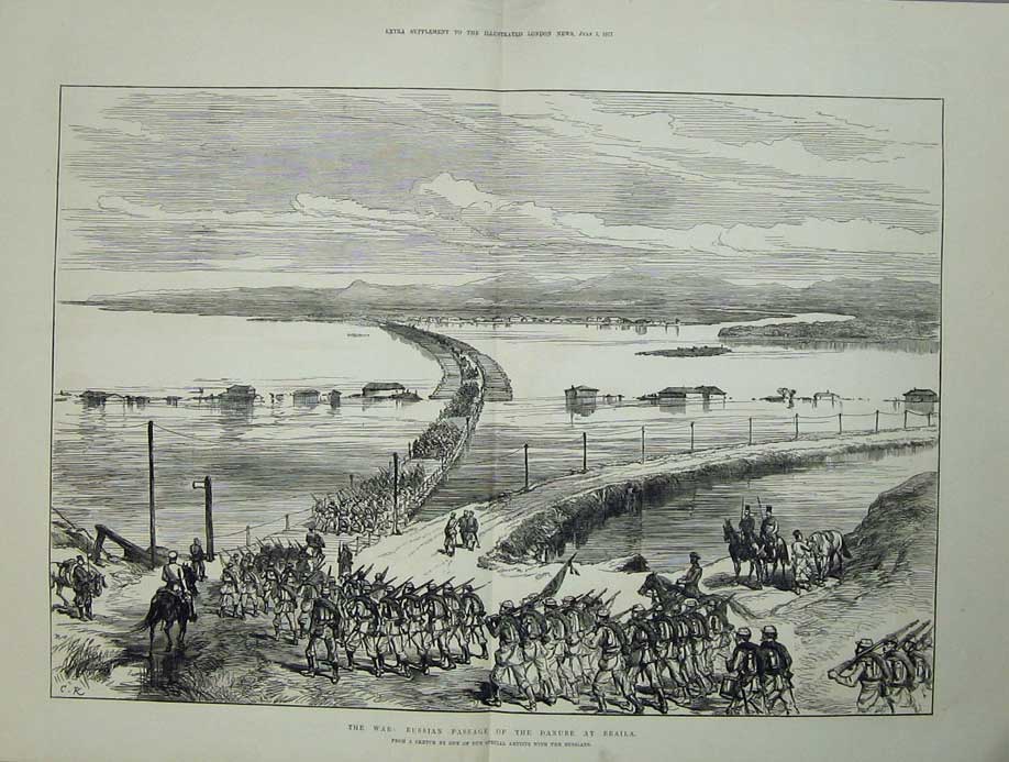 Original Old Antique Print 1877 War Russian Passage Danube River Braila Siers