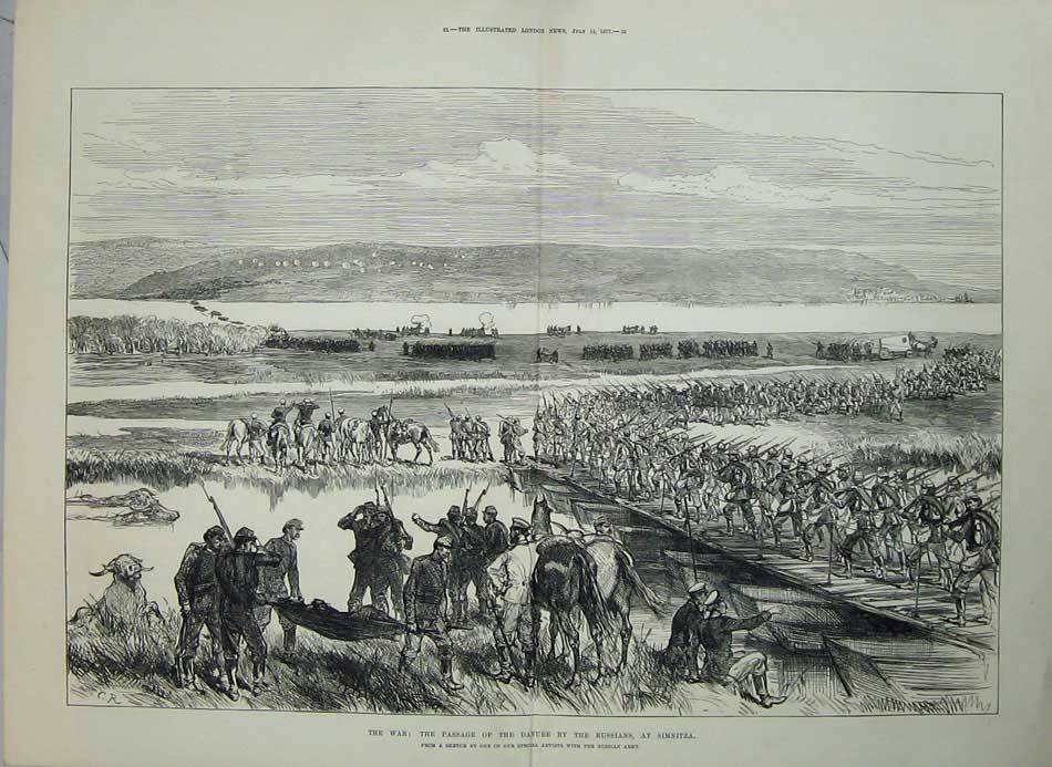 Original Old Antique Print War 1877 Passage Danube Russian Siers Simnitza Army