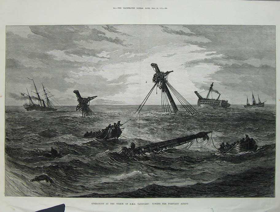 Original Old Antique Print 1875 Operations Wreck H.M.S Vanguard Ship Wreck Sea
