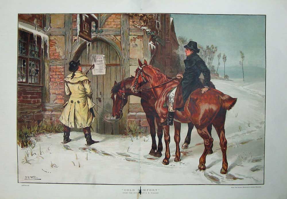 Old Antique Print 1884 Winter Snow Travellers Inn Horse Men Waller Art 19th