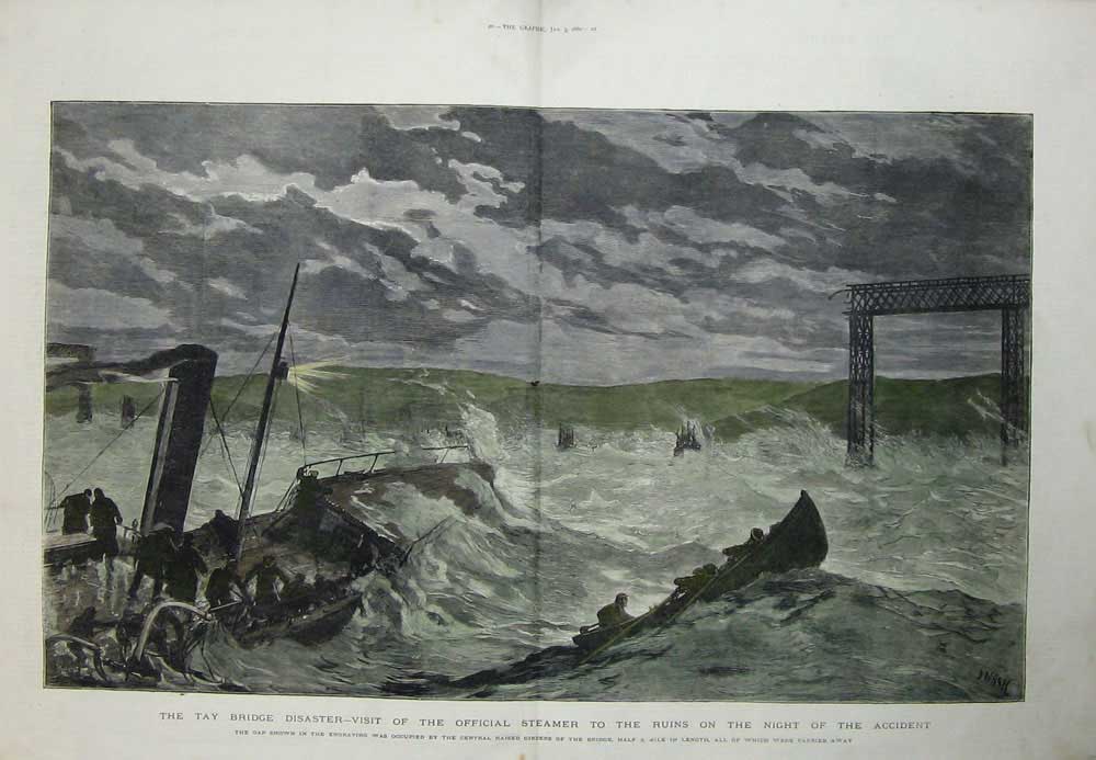 Original Old Antique Print 1880 Tay Bridge Disaster Steamer Ship Ruins Wreck