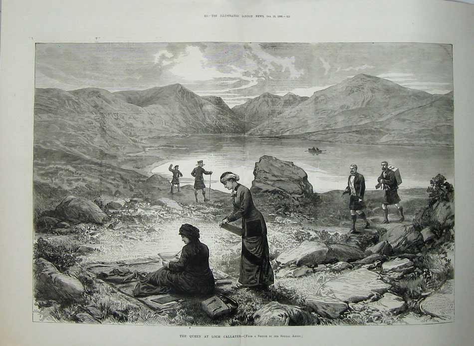 Original Old Antique Print 1880 Queen Loch Callater Mountains Scotland Sketch