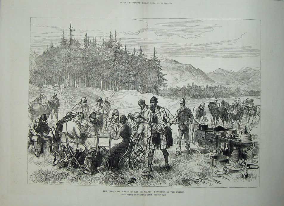 Old Antique Print 1880 Prince Wales Highlands Scotland Luncheon Forest 19th