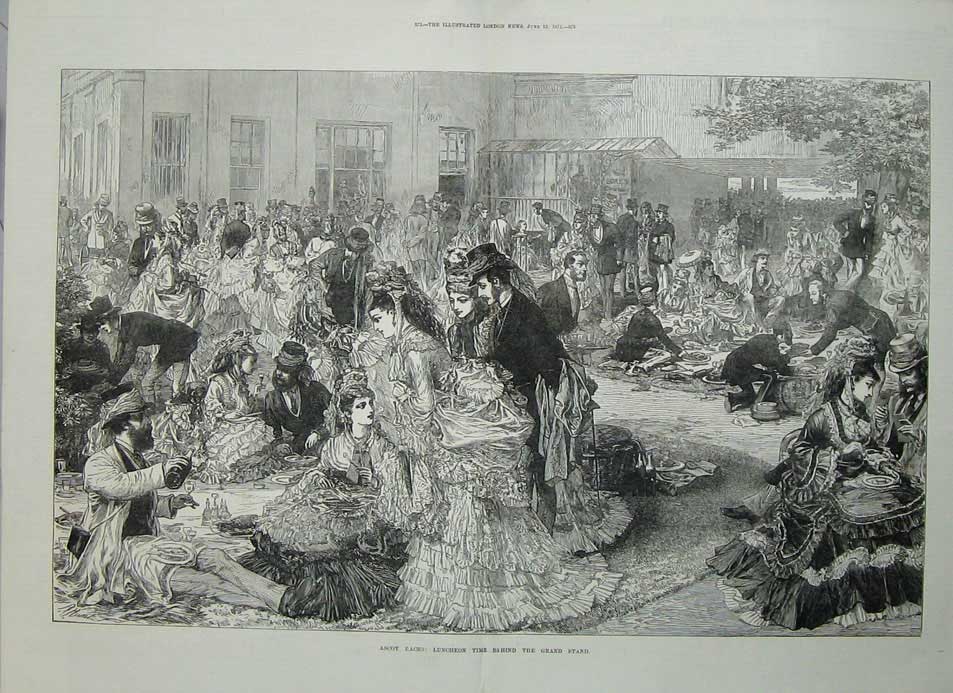 Old Antique Print 1872 Ascot Horse Races Grand Stand People Picnic Sport 19th